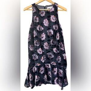 Loft Black Burnout Velvet Floral Swing Cocktail Dress Lined Ruffle Hem Women’s S